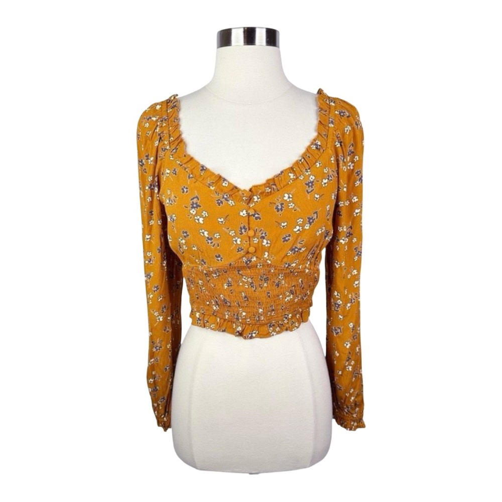 Elodie Floral Ruffle Neck Long Sleeve Crop Top - Size Small